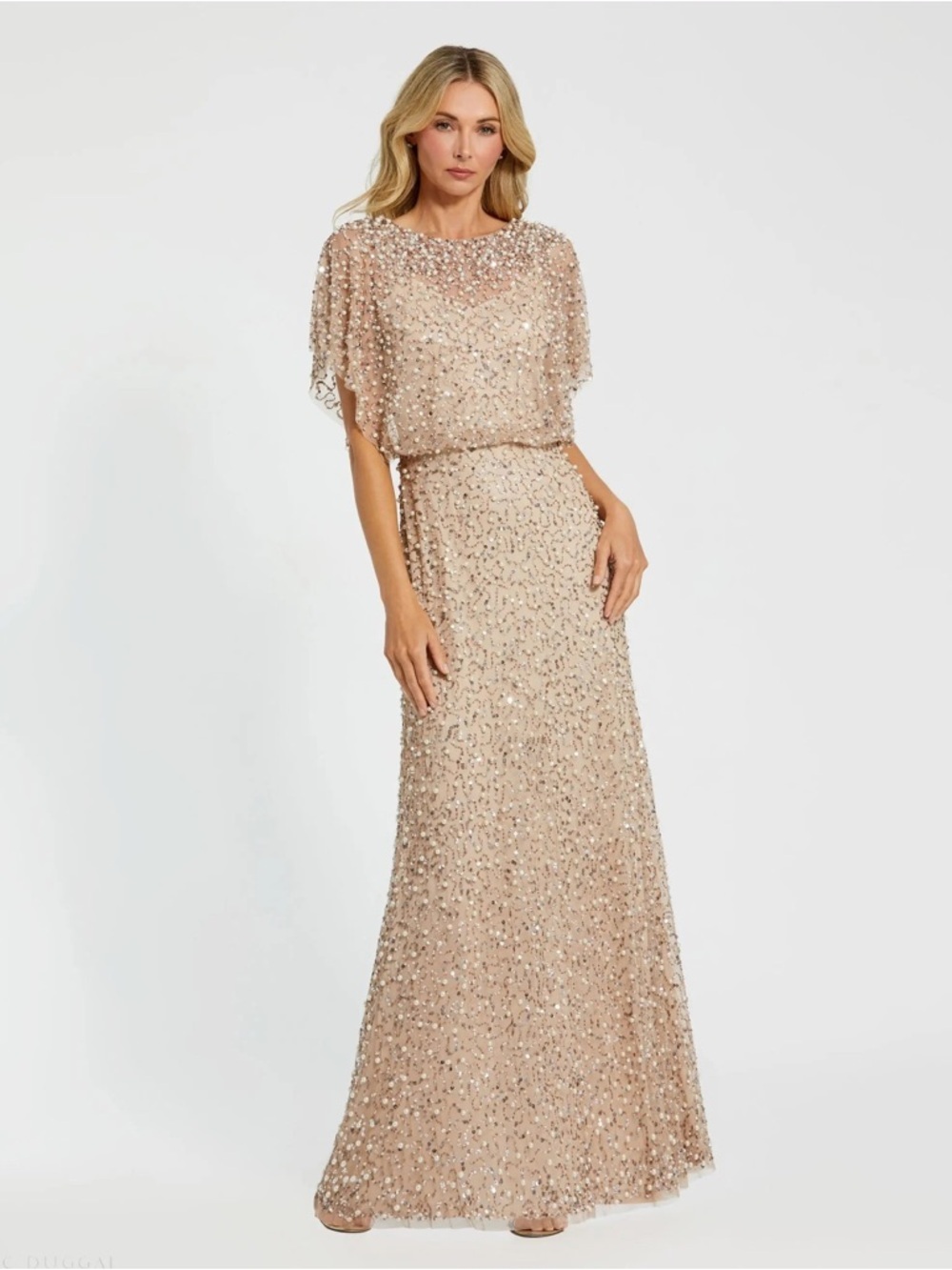 Mac Duggal 14523 Beige Beaded Mesh Cape Gown Nwt
